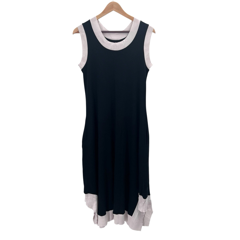 PLANET Lauren G Black White Pima Asymmetric Midi Dress with Pockets Size 1